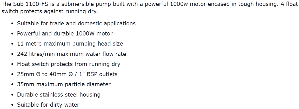 משאבת מים חשמלית SIP SUB SUB 1100-SS